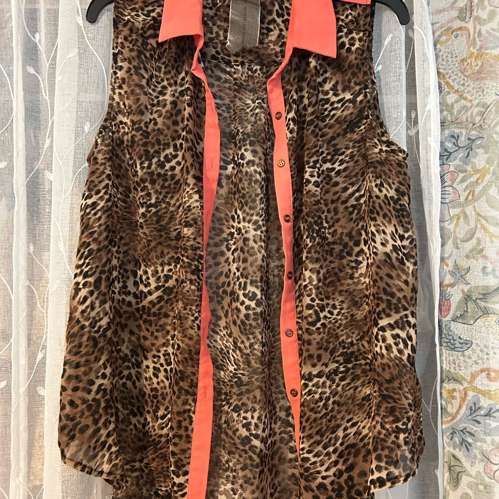 Leopard Print Sleeveless Sheer Blouse with Coral Accents